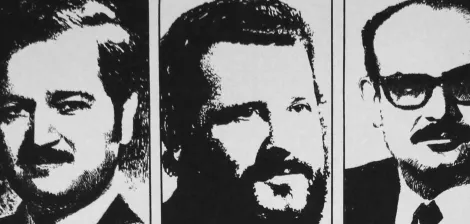The image features three black-and-white portraits of men, each framed separately.