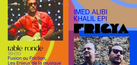 Affiche d'un événement avec artistes et détails d'une table ronde et d'un concert.