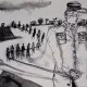 Un homme en uniforme se tient devant une foule en ombres, sur un fond mélancolique.