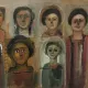 Huit visages de femmes, aux expressions variées, entourés de couleurs chaudes.