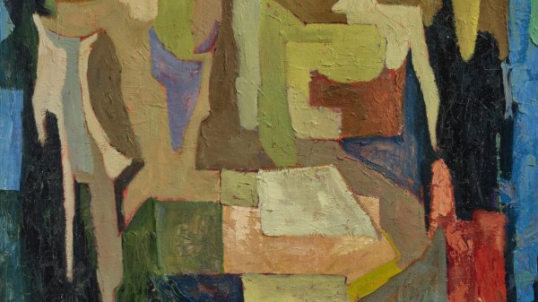 Composition abstraite aux formes géométriques et aux couleurs terreuses, évoquant des figures humaines.