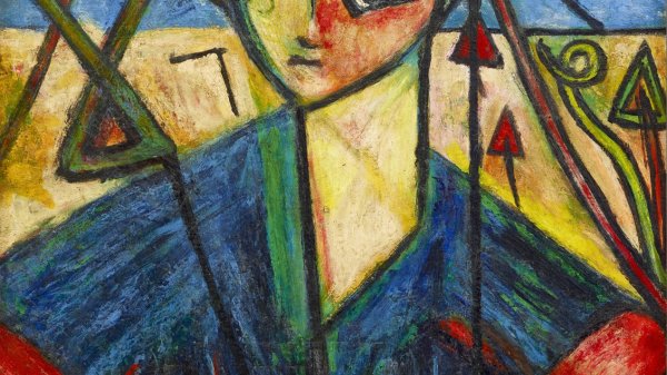 Portrait stylisé d'une personne aux traits angulaires, entourée de formes géométriques colorées.