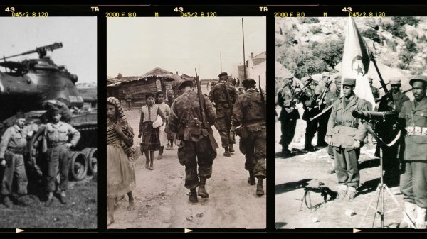 L'image est composée de trois photographies en noir et blanc, montées côte à côte. 1. La première image montre des soldats posant devant un char d'assaut, pouvant suggérer un contexte militaire ou de guerre. 2. La deuxième photographiе met en scène un groupe de personnes marchant dans une rue, probablement dans un village, avec des enfants et des adultes portant des vêtements traditionnels. 3. La dernière image présente des soldats en uniforme, tenant des drapeaux et se tenant en rang, ce qui peut indiquer une cérémonie ou un rassemblement militaire. Ces images semblent refléter des événements historiques ou des scènes de vie en lien avec un contexte de conflit ou de mobilisation militaire.
