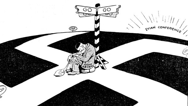 L'image représente un carrefour avec plusieurs panneaux de signalisation. Au centre, une figure humaine semble accroupie et triste, assise au pied d'un poteau qui a des panneaux indiquant 