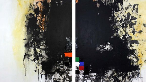 Peinture abstraite en noir, blanc et touches de couleur, évoquant un contraste puissant.