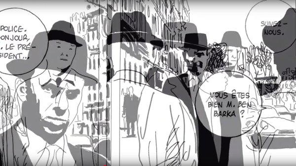 L'image présente une scène stylisée en noir et blanc, illustrant des personnages habillés en costumes avec des chapeaux. On peut voir des silhouettes d'hommes qui semblent discuter dans un milieu urbain, avec des bâtiments en arrière-plan. Un des personnages s'adresse à un autre avec un dialogue en bulle, disant 