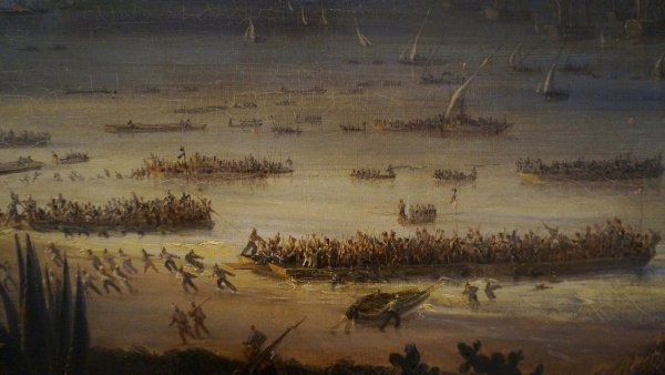 L'image représente une scène de bataille ou de débarquement maritime. On y voit plusieurs bateaux et embarcations sur une étendue d'eau, avec beaucoup de personnes à bord. Sur la rive, des groupes de soldats ou de guerriers semblent se préparer à l'assaut ou à un combat. L'arrière-plan montre des voiliers et des structures, ce qui suggère un port ou une plage animée. L'atmosphère paraît dynamique et chargée d'action, avec des personnages en mouvement, créant une impression de chaos et de détermination.