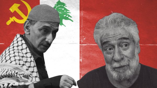 Deux hommes sur fond de drapeau libanais et symbole du communisme.