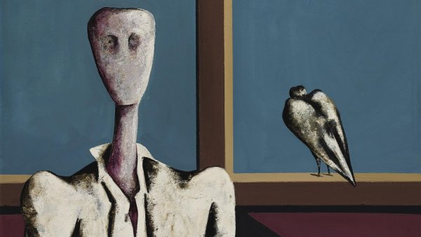 Un personnage stylisé avec un oiseaux, dans un intérieur aux couleurs vives.