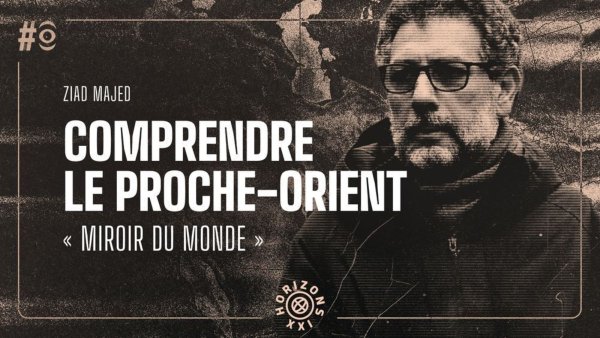 Un homme au regard sérieux, entouré de texte sur le Proche-Orient.