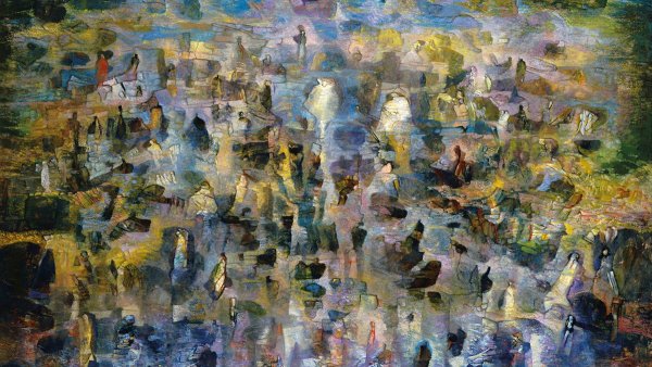 Peinture abstraite aux couleurs fluides, figures indistinctes et reflets lumineux.