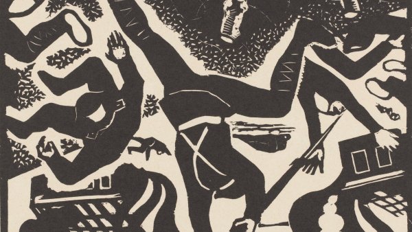 L'image présente une composition en noir et blanc, caractérisée par des formes stylisées et des silhouettes. On y voit des figures humaines et des éléments du quotidien, comme des chaussures et des bâtiments, qui semblent être disposés de manière désordonnée. Les formes abstraites et les gestes dynamiques des personnages créent une impression de mouvement et de tension. Le contraste entre le noir et le blanc accentue les contours et les détails, tandis que le fond minimaliste permet de se concentrer sur les éléments principaux de la scène.